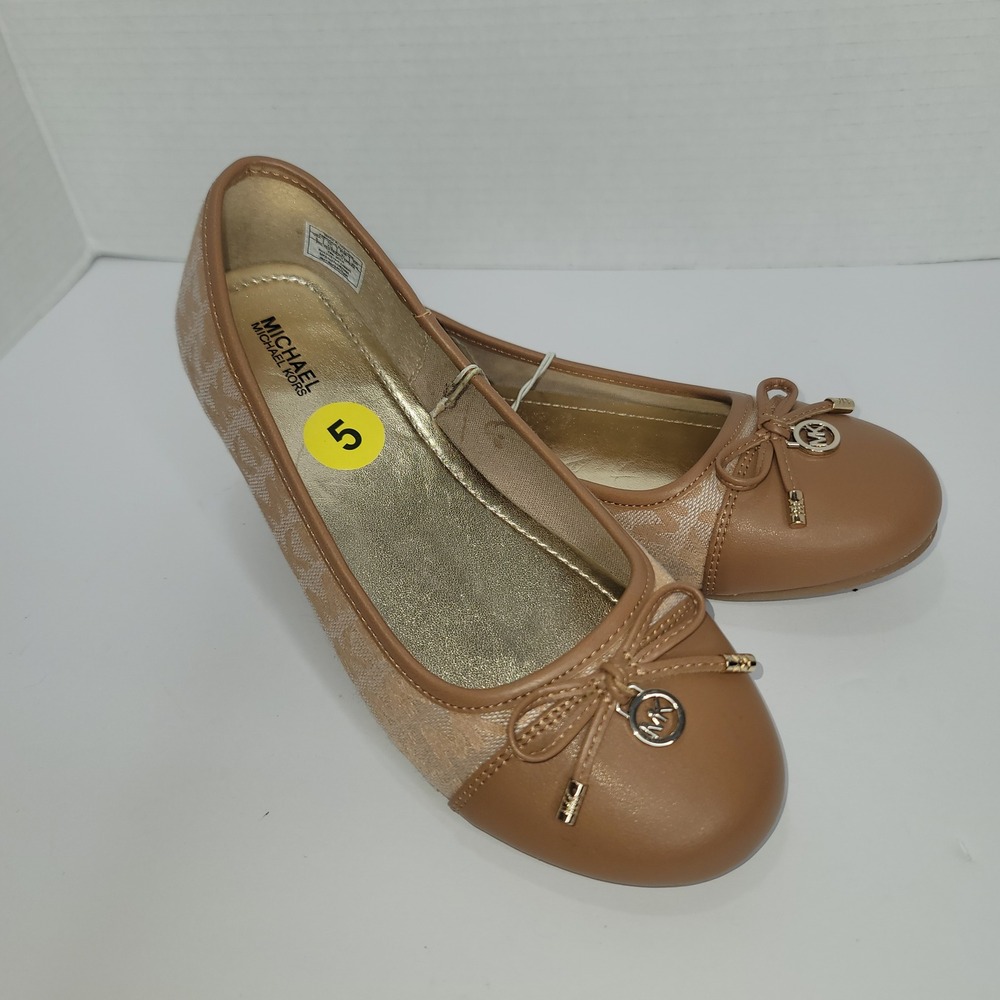 Michael Kors Ballet Flats Kids Luxury Sz 5 Brown Monogram Logo Bow Shoes Preppy